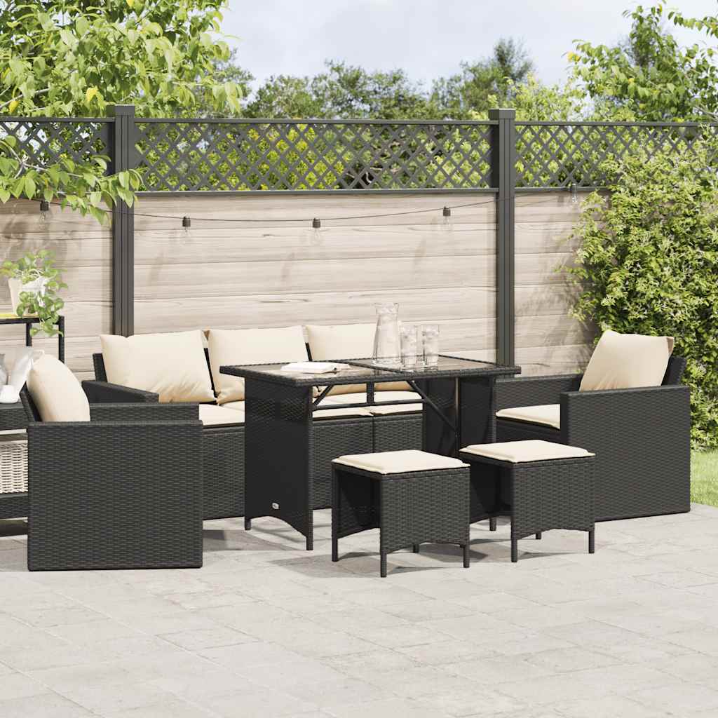 6-delige Loungeset met kussens poly rattan zwart
