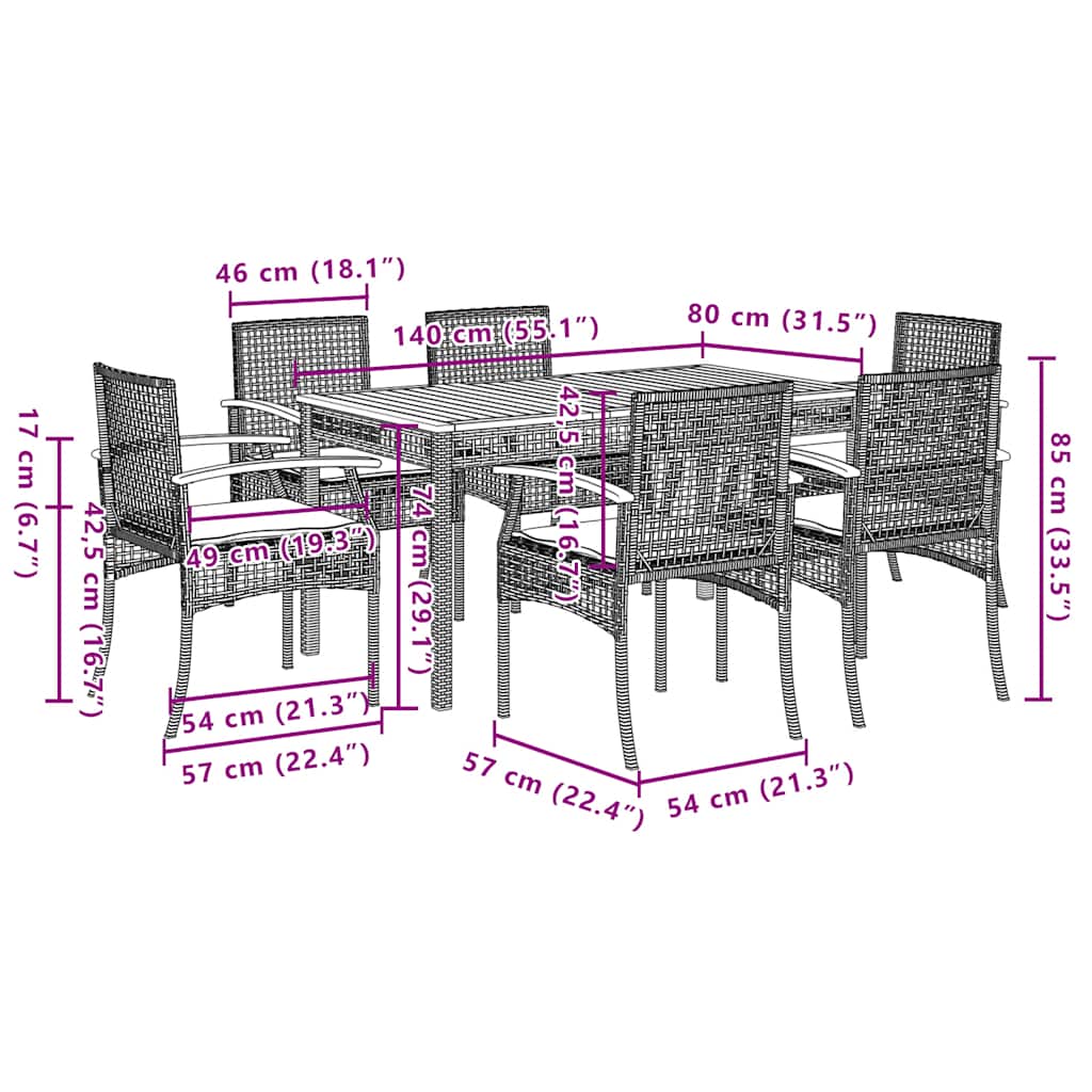 7-delige Tuinset met kussens poly rattan zwart – afbeelding 9
