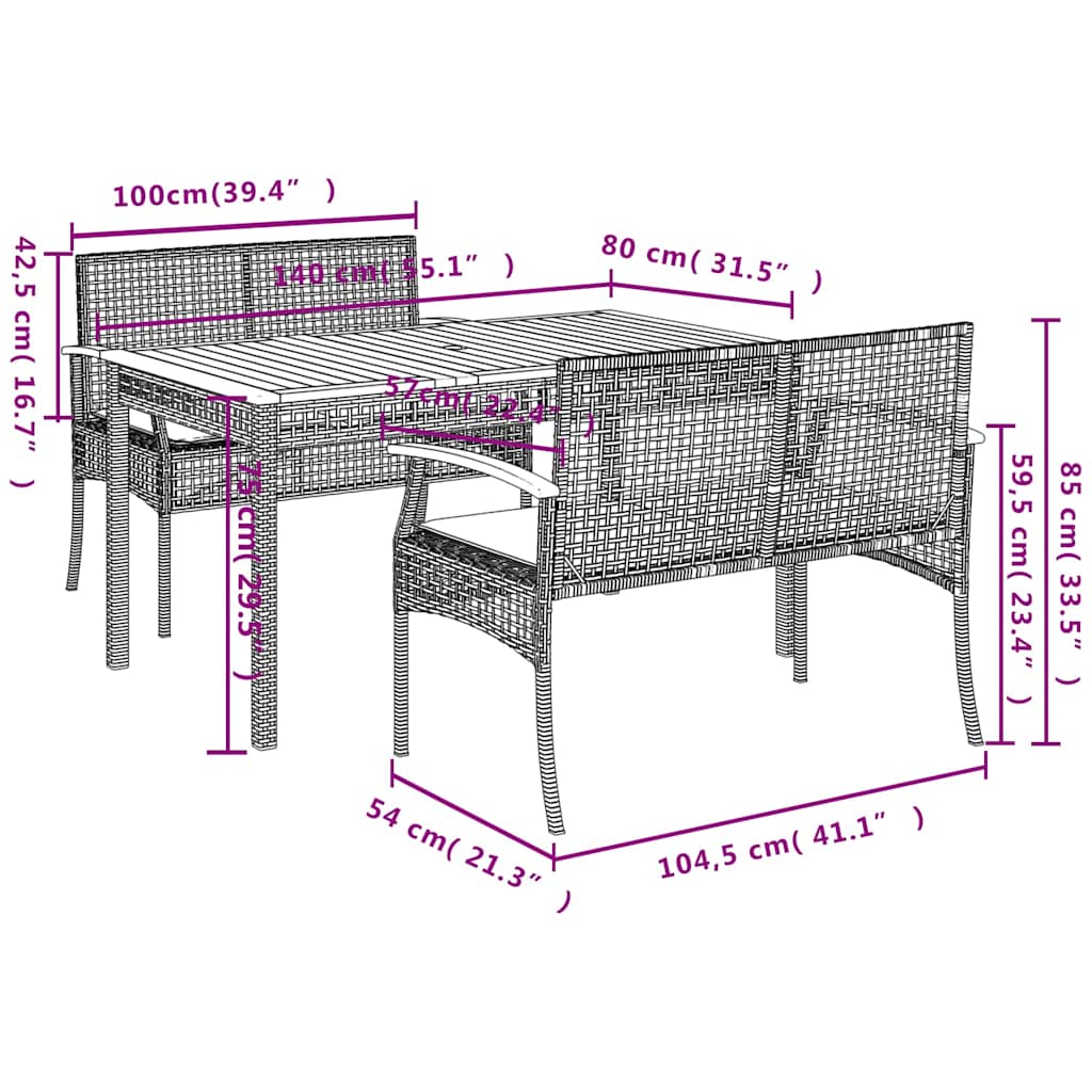 3-delige Tuinset met kussens poly rattan zwart – afbeelding 6