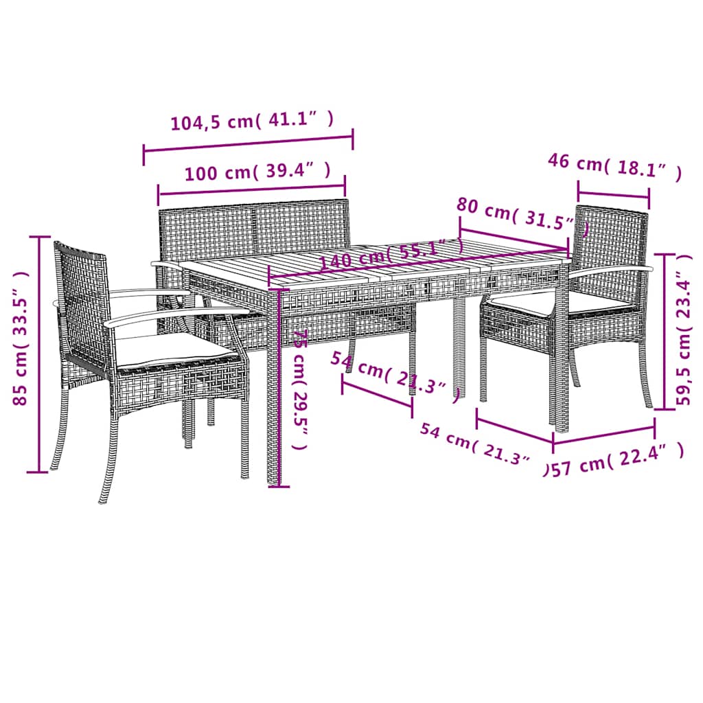 4-delige Tuinset met kussens poly rattan zwart – afbeelding 8
