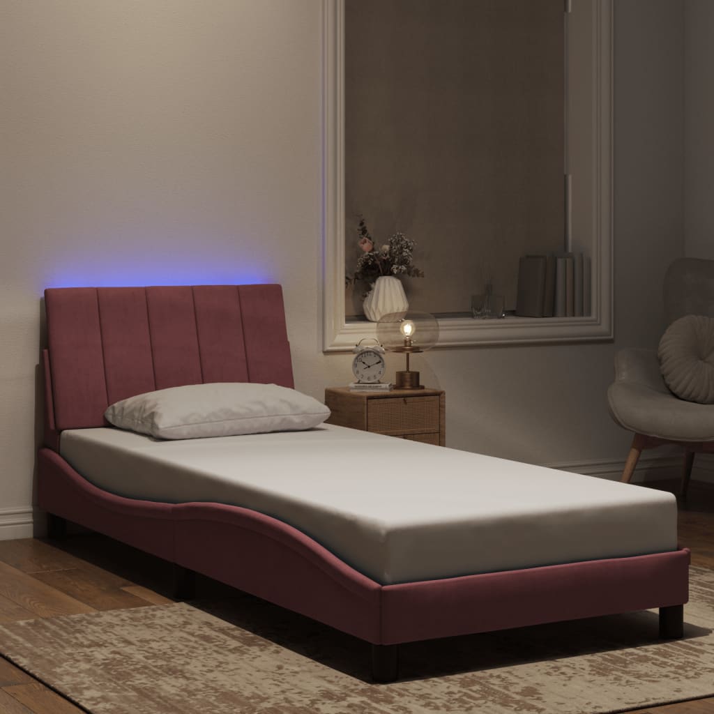 Bedframe met LED zonder matras "Hanko" fluweel roze 90x190 cm – afbeelding 1