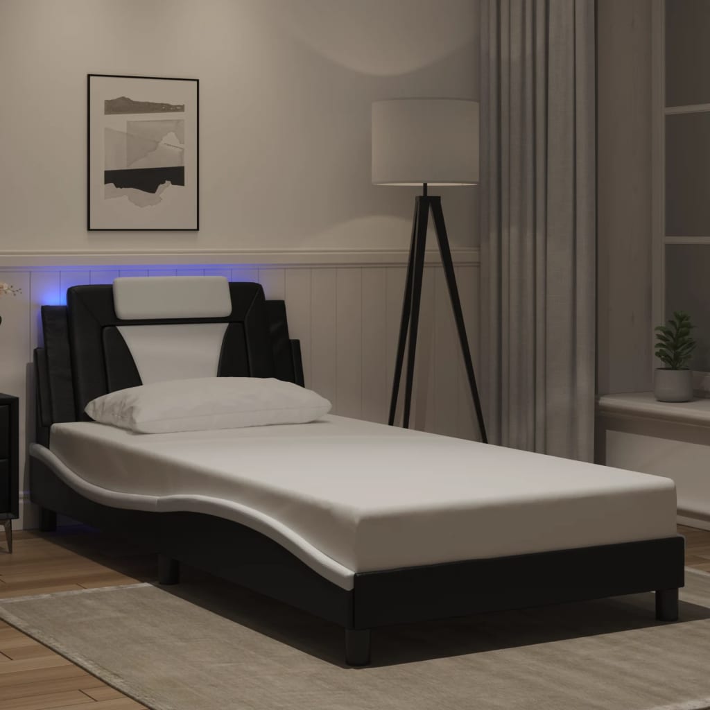 Bedframe "Viana" met LED zonder matras zwart en wit 100x200 cm – afbeelding 1