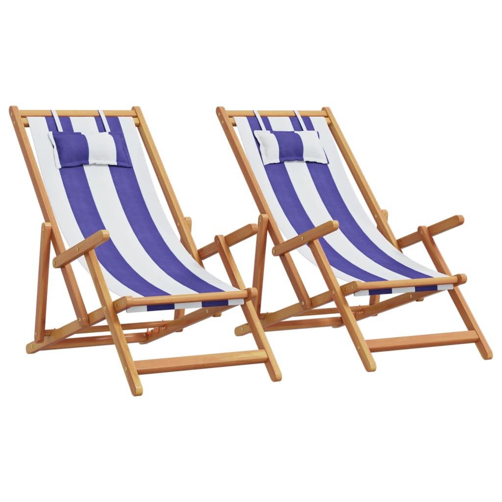 Strandstroelen 2st inklapbaar stof en massief hout blauw en wit – afbeelding 1