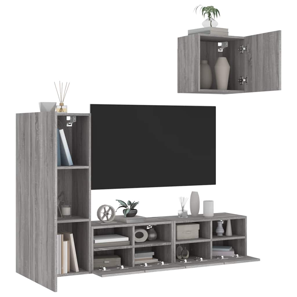 4-delige Tv-wandmeubelset bewerkt hout grijs sonoma – afbeelding 1