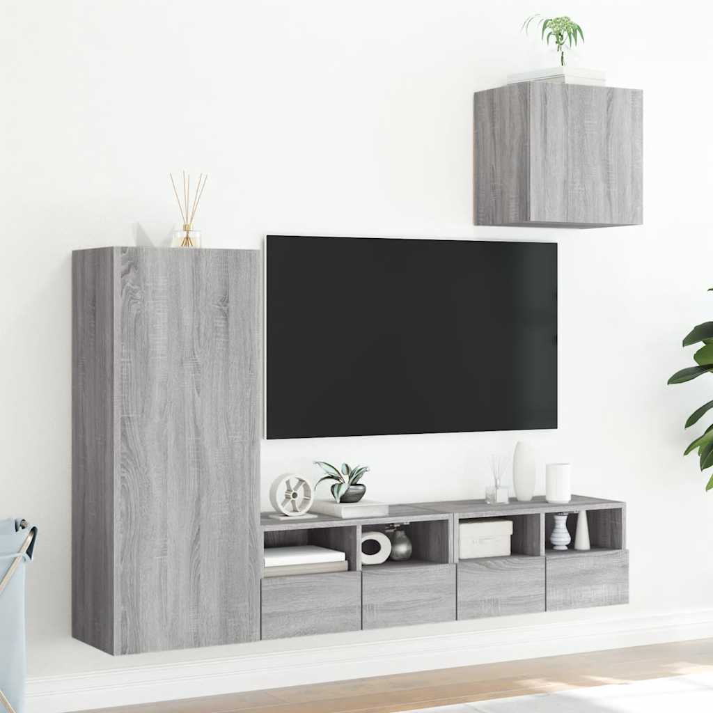 4-delige Tv-wandmeubelset bewerkt hout grijs sonoma – afbeelding 3