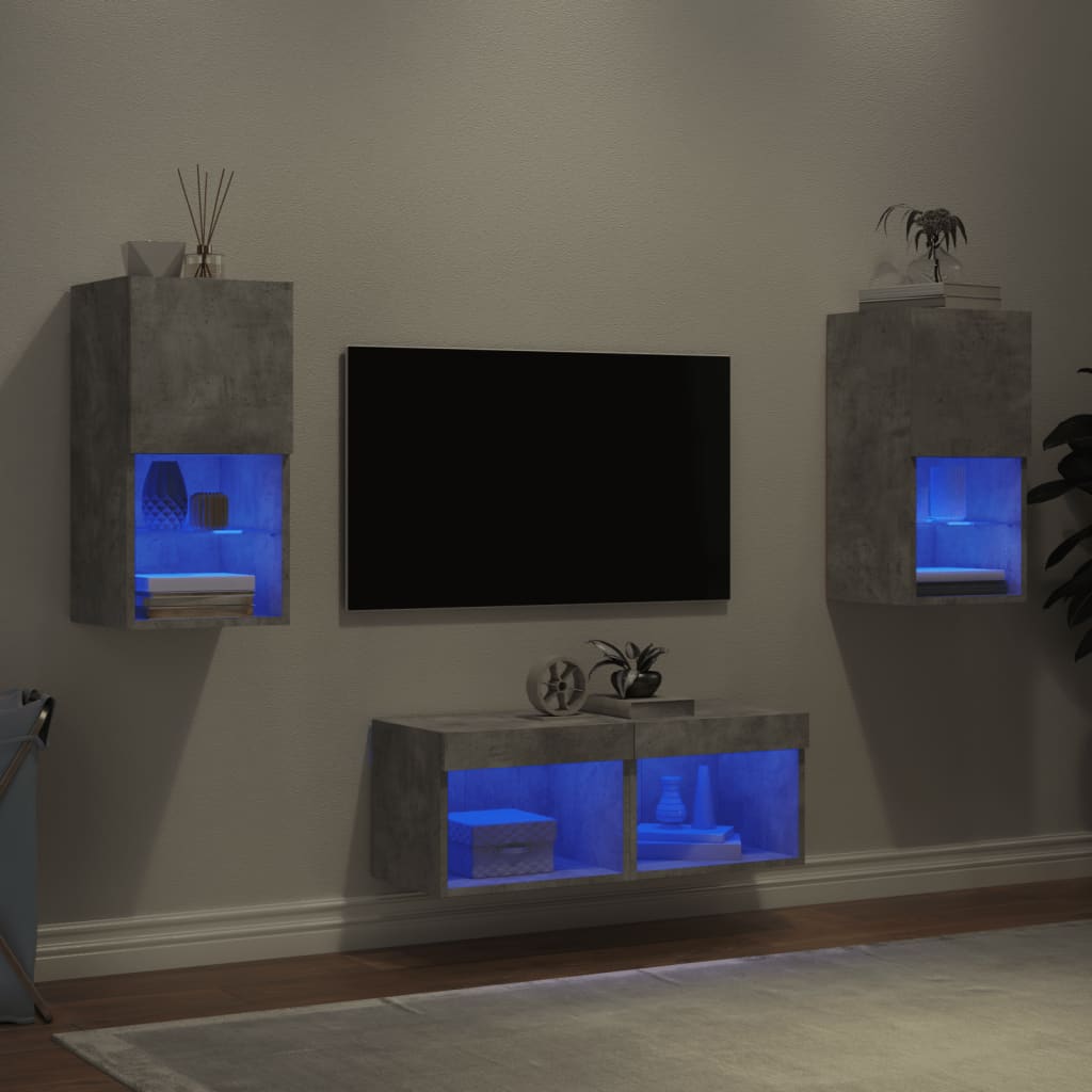 4-delige tv-wandmeubelset met LED-verlichting betongrijs – afbeelding 1