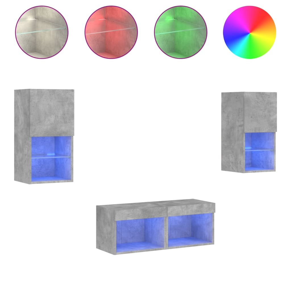 4-delige tv-wandmeubelset met LED-verlichting betongrijs – afbeelding 2