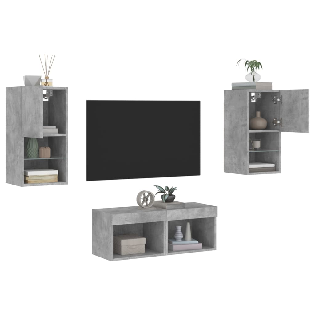 4-delige tv-wandmeubelset met LED-verlichting betongrijs – afbeelding 5