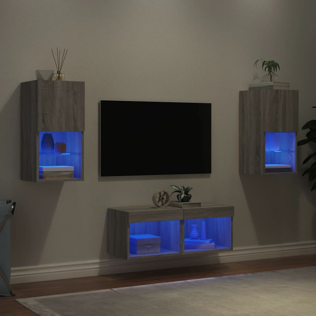 4-delige tv-wandmeubelset met LED-verlichting grijs sonoma – afbeelding 1