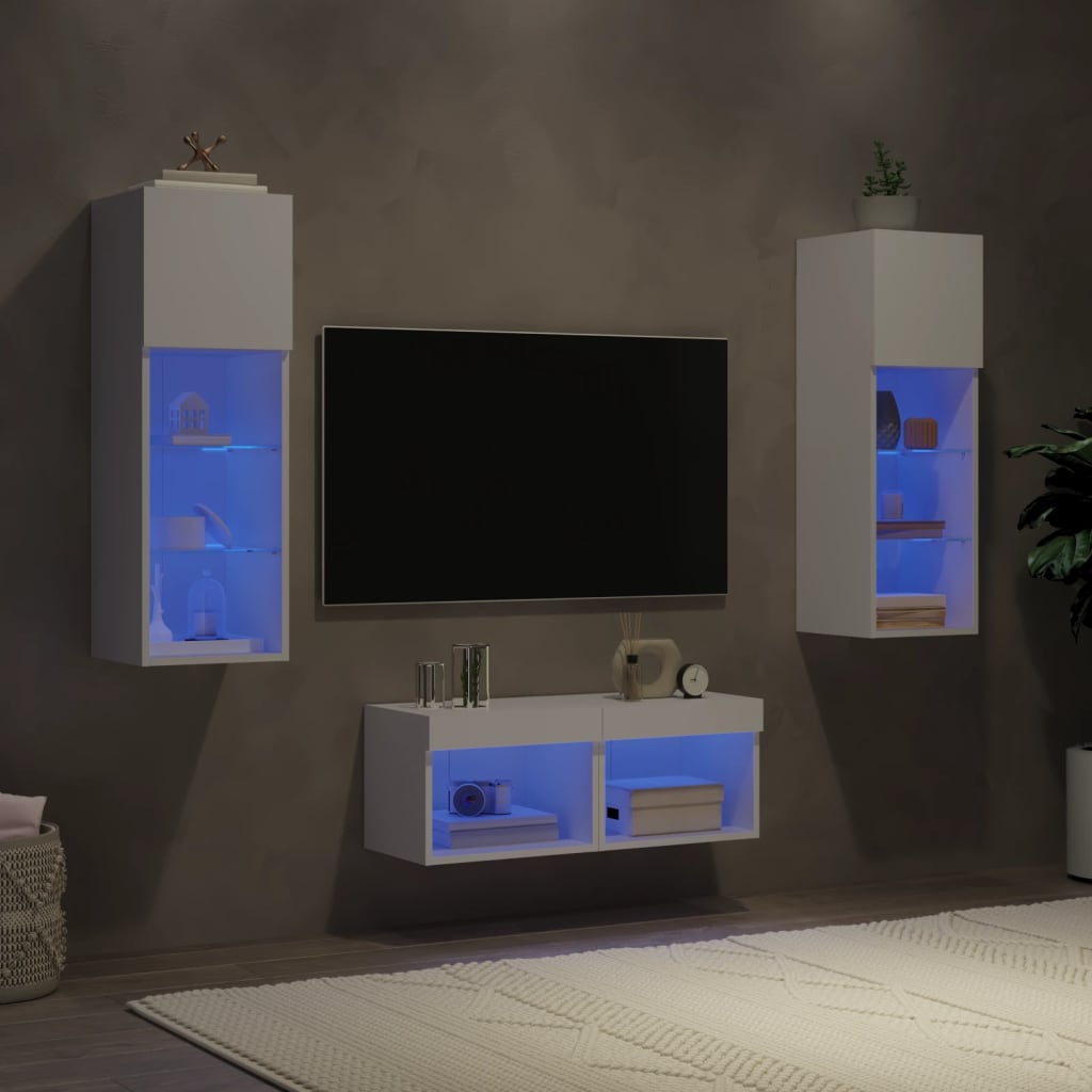 4-delige tv-wandmeubelset met LED-verlichting wit – afbeelding 1