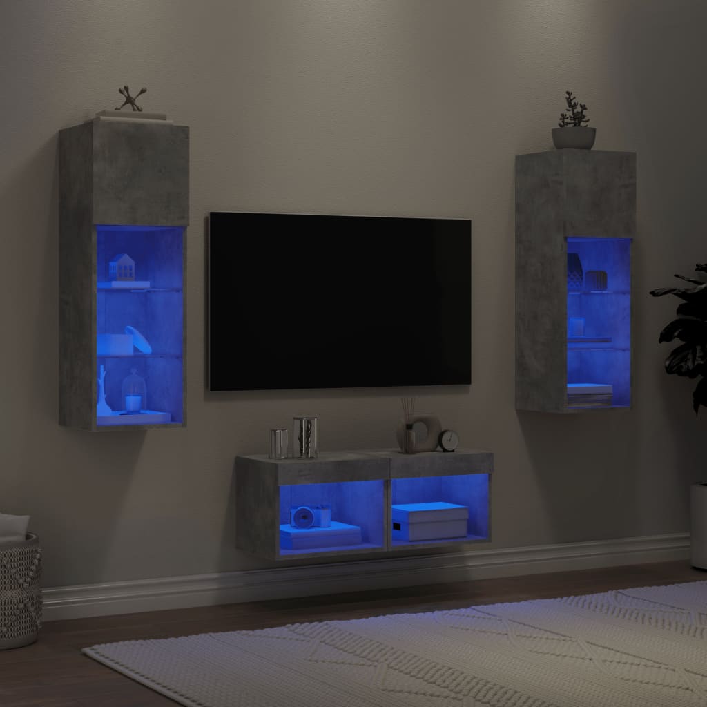 4-delige tv-wandmeubelset met LED-verlichting betongrijs – afbeelding 1