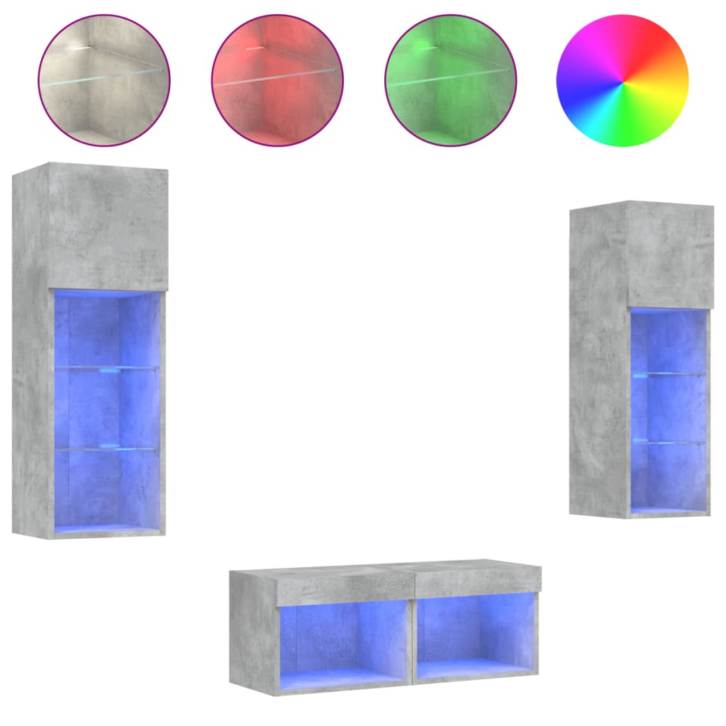 4-delige tv-wandmeubelset met LED-verlichting betongrijs – afbeelding 2