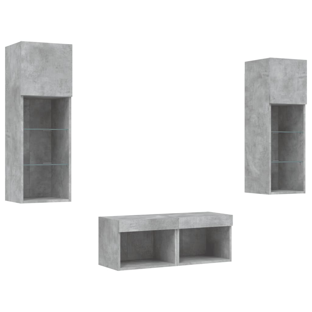 4-delige tv-wandmeubelset met LED-verlichting betongrijs – afbeelding 3