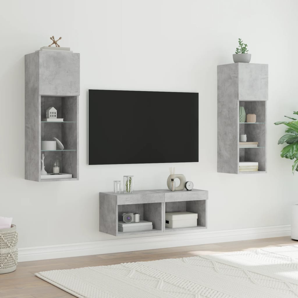 4-delige tv-wandmeubelset met LED-verlichting betongrijs – afbeelding 4