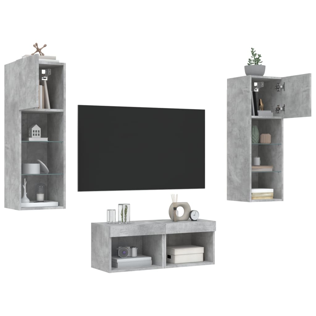 4-delige tv-wandmeubelset met LED-verlichting betongrijs – afbeelding 5