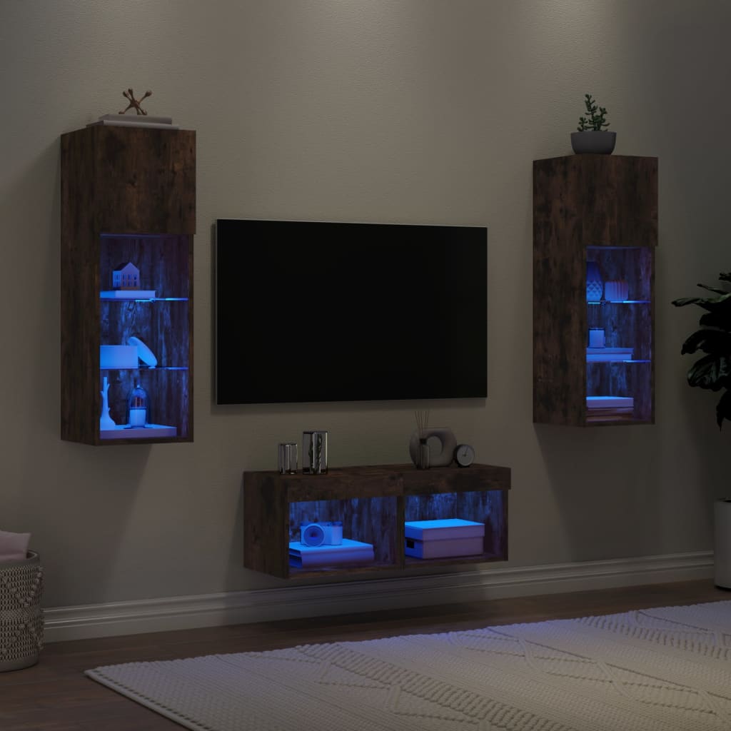4-delige tv-wandmeubelset met LED-verlichting gerookt eiken – afbeelding 1