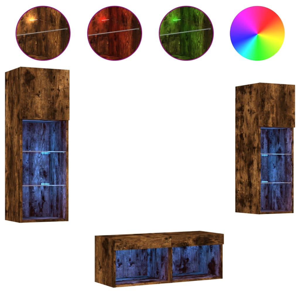 4-delige tv-wandmeubelset met LED-verlichting gerookt eiken – afbeelding 2