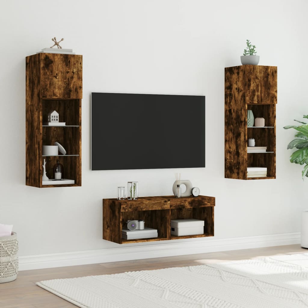 4-delige tv-wandmeubelset met LED-verlichting gerookt eiken – afbeelding 4