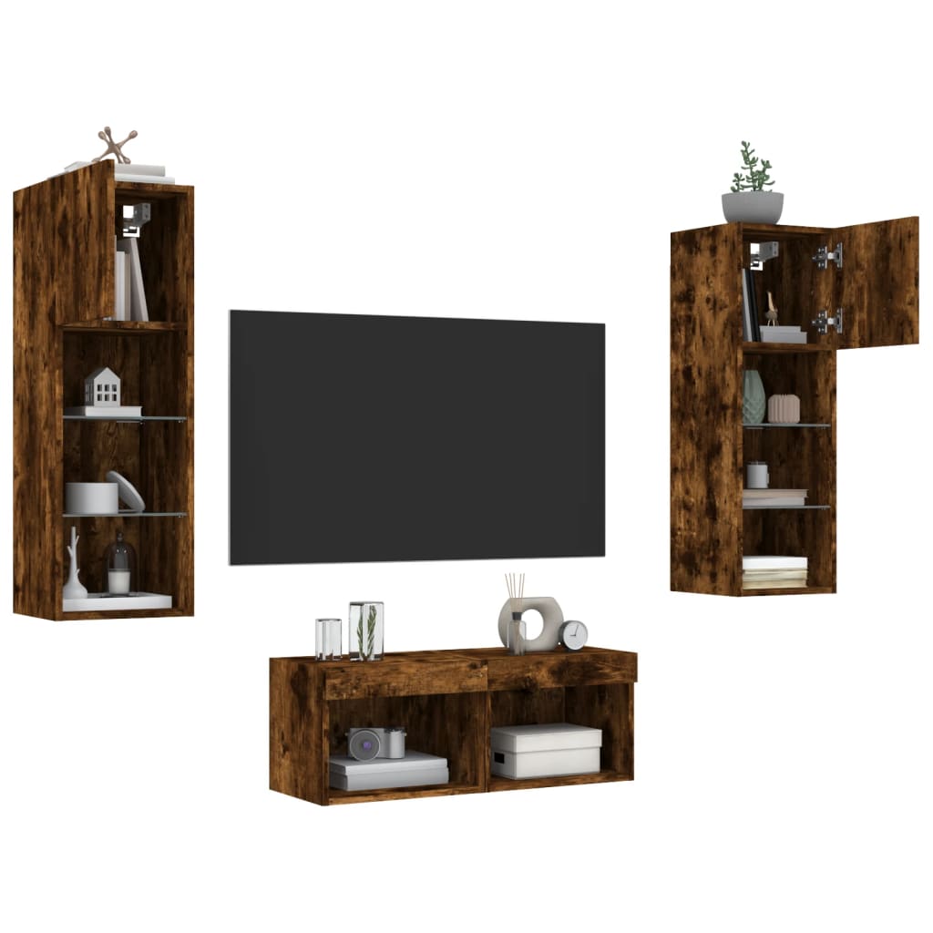 4-delige tv-wandmeubelset met LED-verlichting gerookt eiken – afbeelding 5
