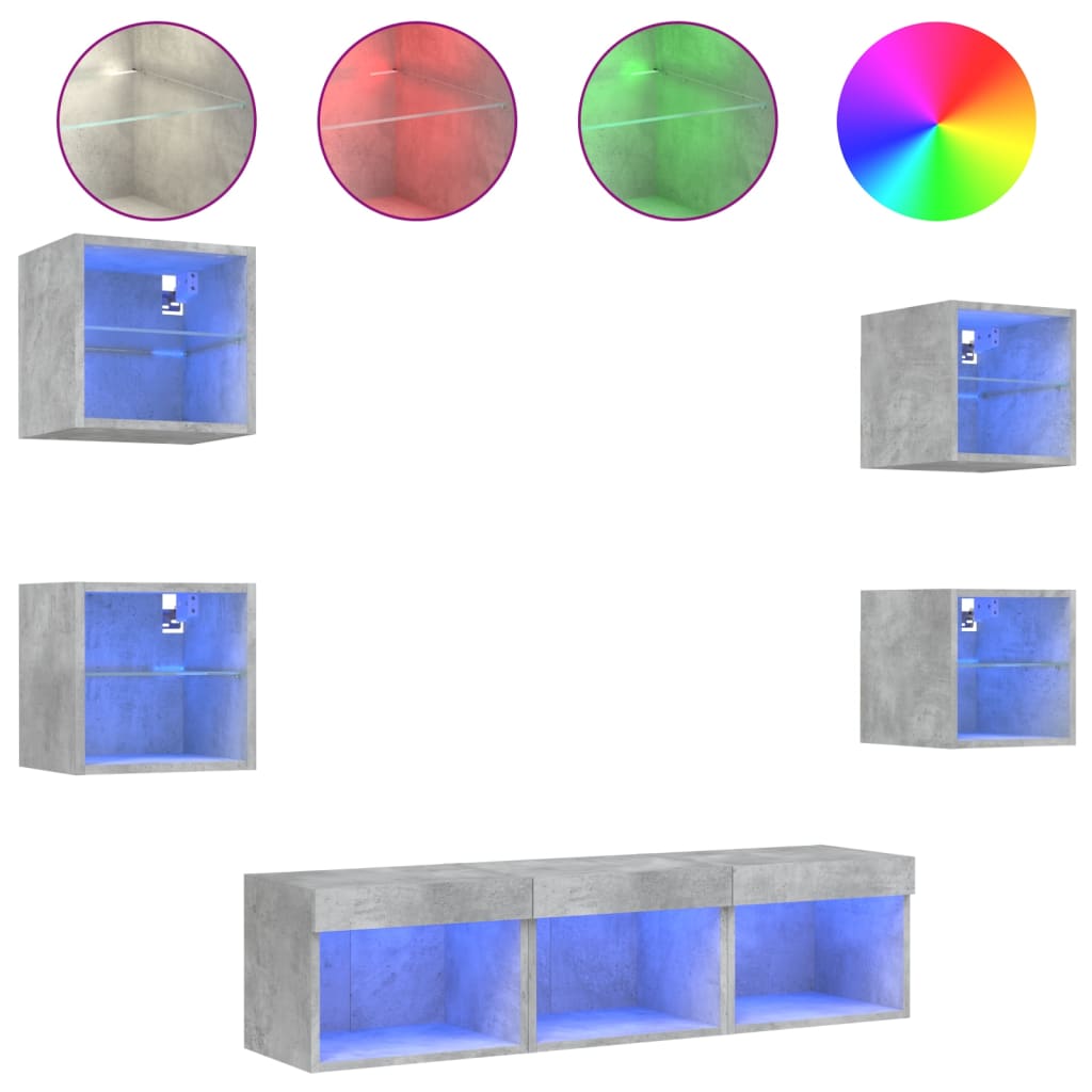 7-delige Tv-wandmeubelset met LED bewerkt hout betongrijs – afbeelding 2