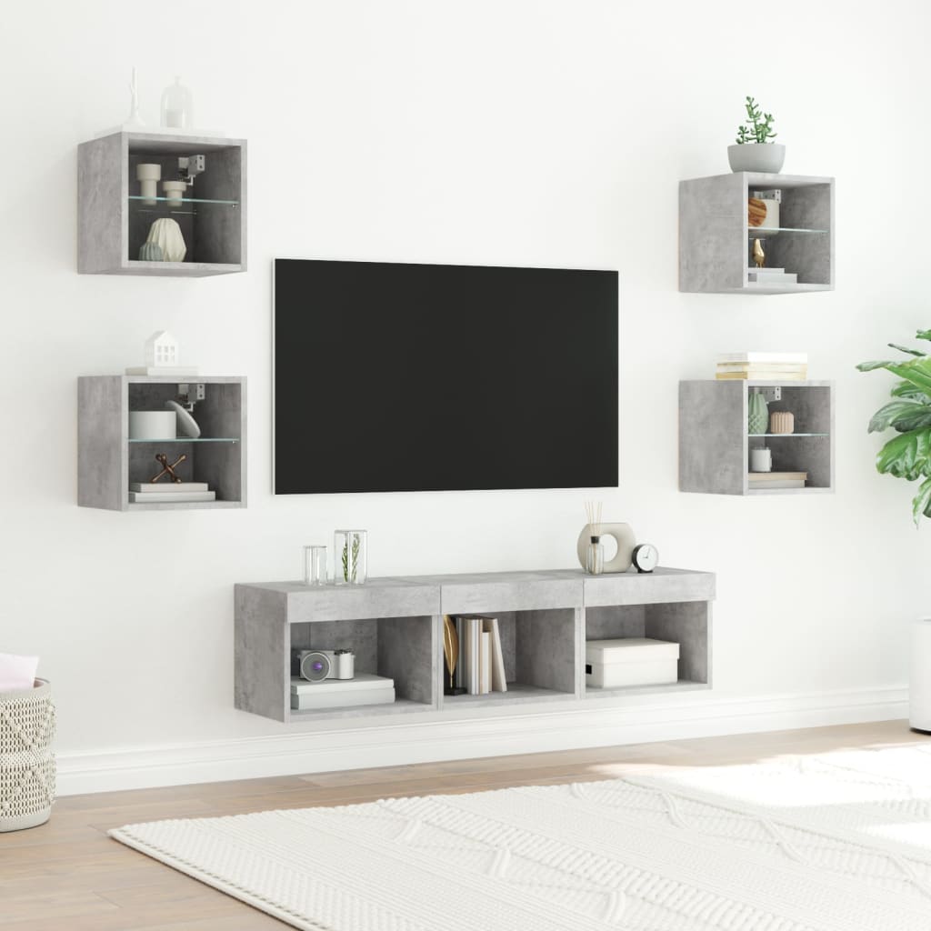 7-delige Tv-wandmeubelset met LED bewerkt hout betongrijs – afbeelding 3