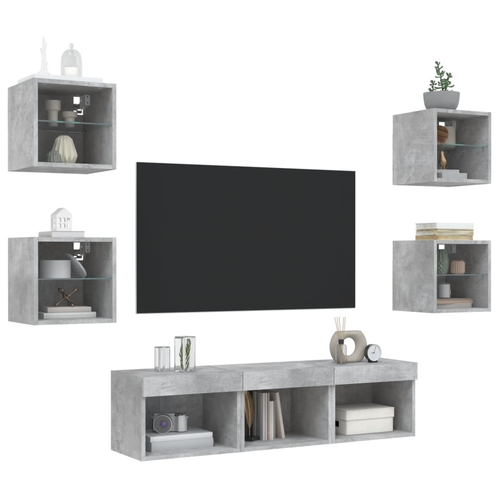 7-delige Tv-wandmeubelset met LED bewerkt hout betongrijs – afbeelding 4
