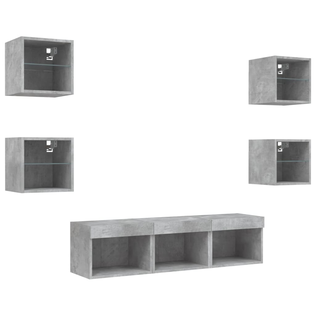 7-delige Tv-wandmeubelset met LED bewerkt hout betongrijs – afbeelding 5