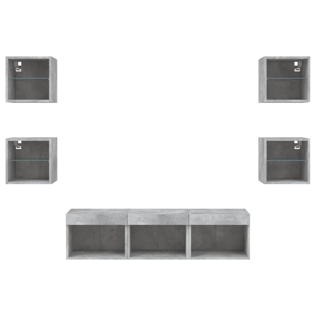 7-delige Tv-wandmeubelset met LED bewerkt hout betongrijs – afbeelding 6