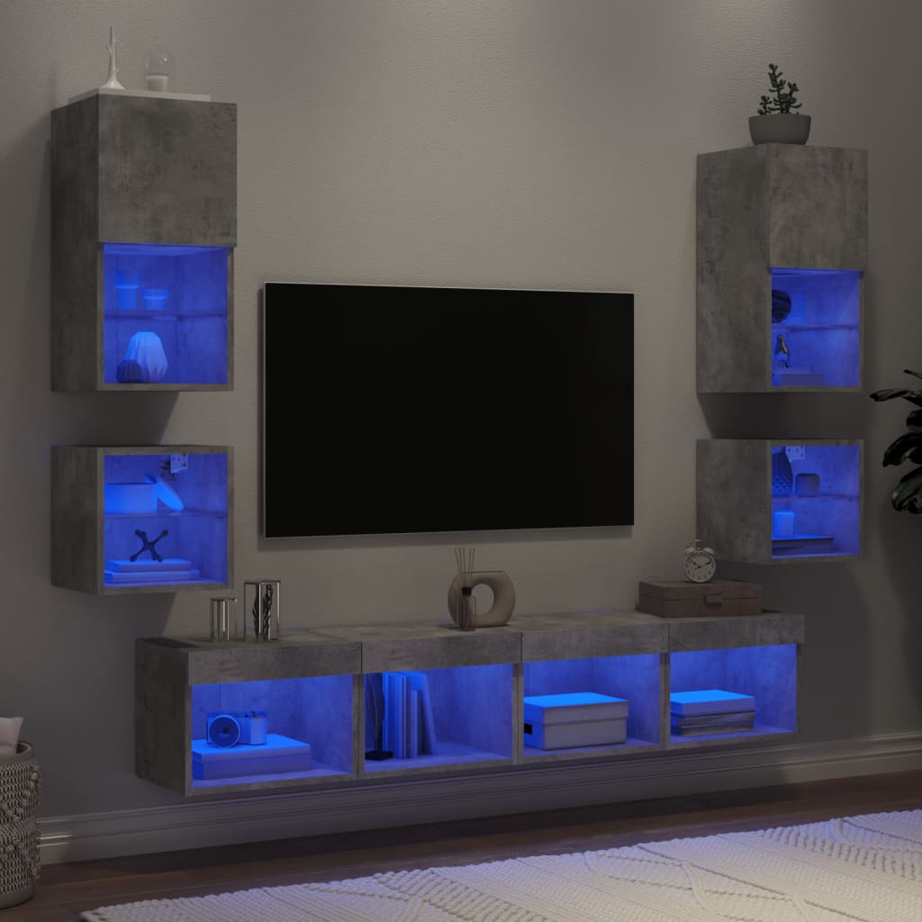 8-delige Tv-wandmeubelset met LED bewerkt hout betongrijs – afbeelding 1