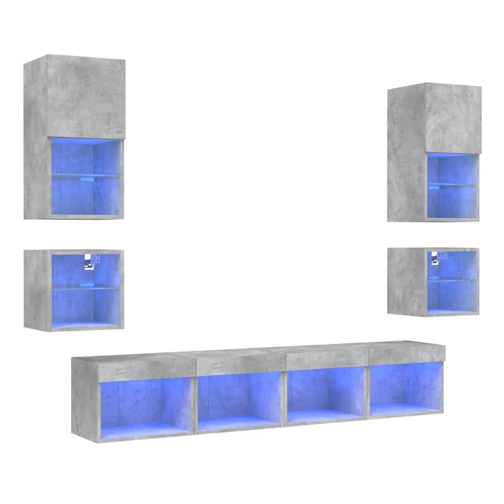 8-delige Tv-wandmeubelset met LED bewerkt hout betongrijs – afbeelding 2