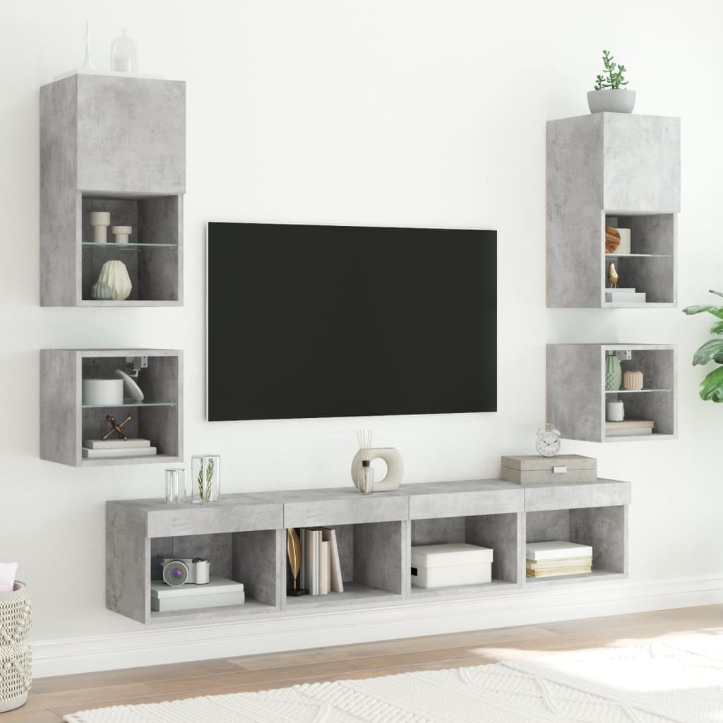 8-delige Tv-wandmeubelset met LED bewerkt hout betongrijs – afbeelding 3