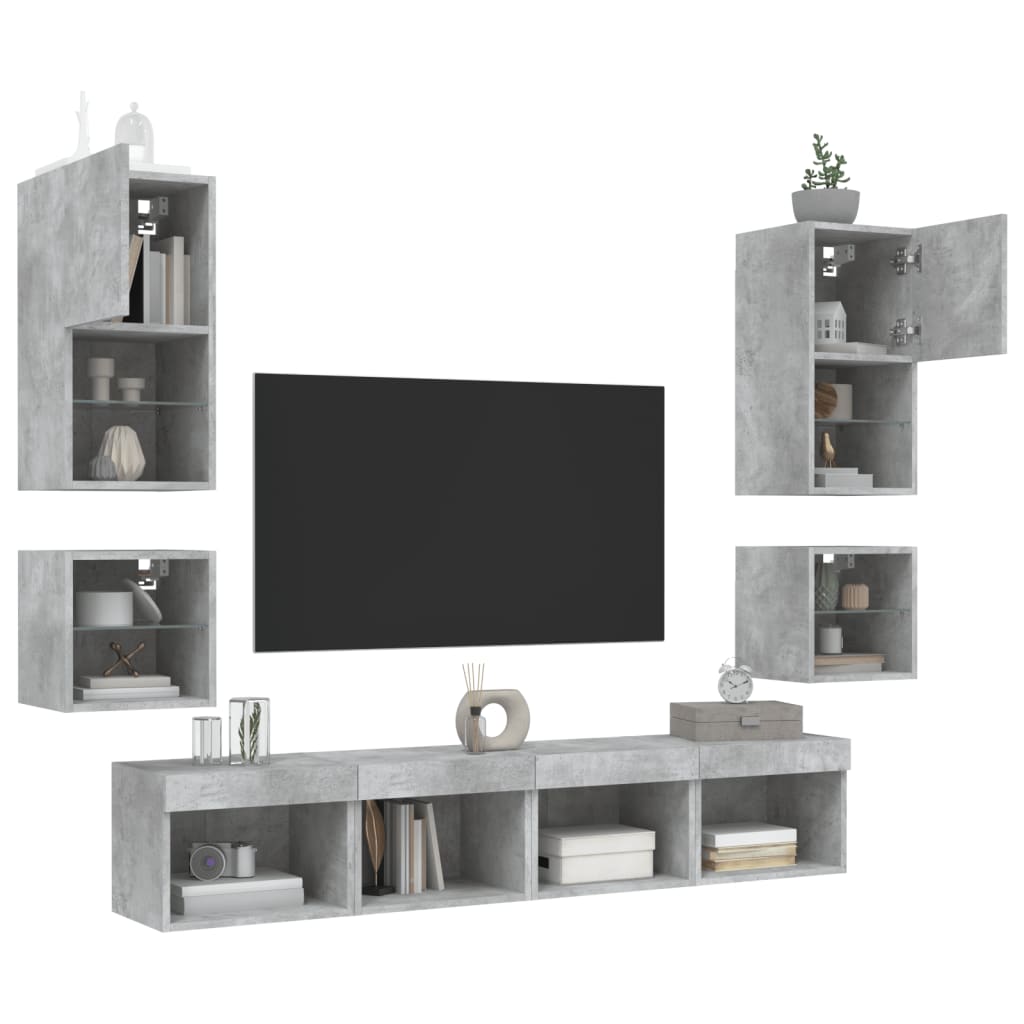 8-delige Tv-wandmeubelset met LED bewerkt hout betongrijs – afbeelding 4