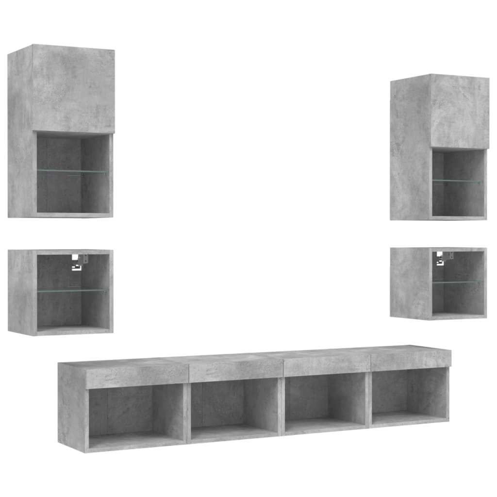 8-delige Tv-wandmeubelset met LED bewerkt hout betongrijs – afbeelding 6