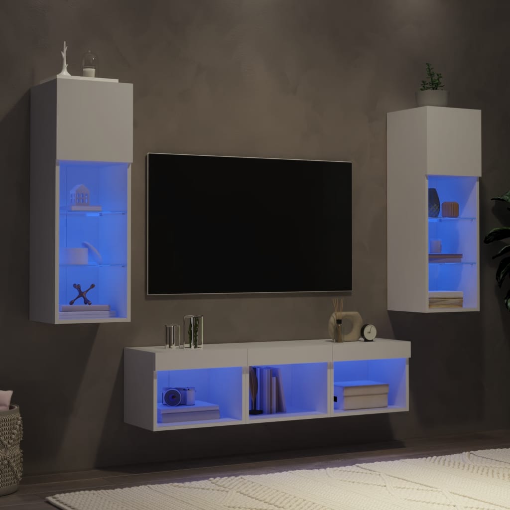 5-delige Tv-wandmeubelset met LED-verlichting bewerkt hout wit – afbeelding 1