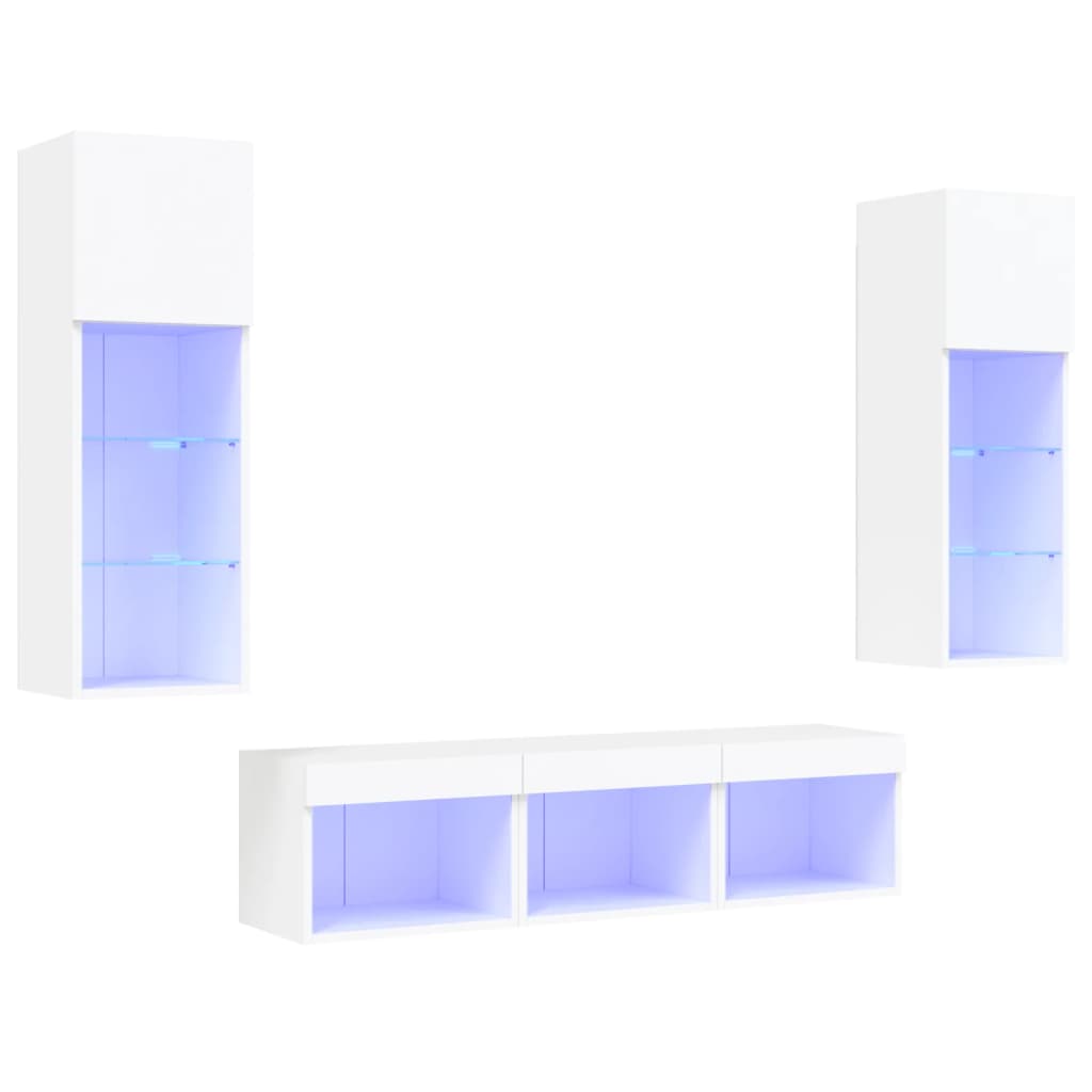 5-delige Tv-wandmeubelset met LED-verlichting bewerkt hout wit – afbeelding 2