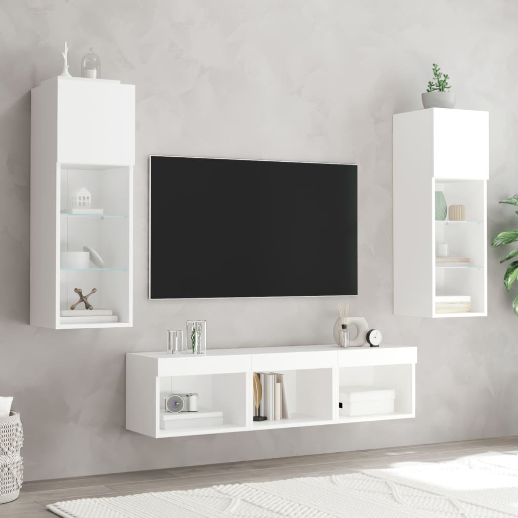 5-delige Tv-wandmeubelset met LED-verlichting bewerkt hout wit – afbeelding 3