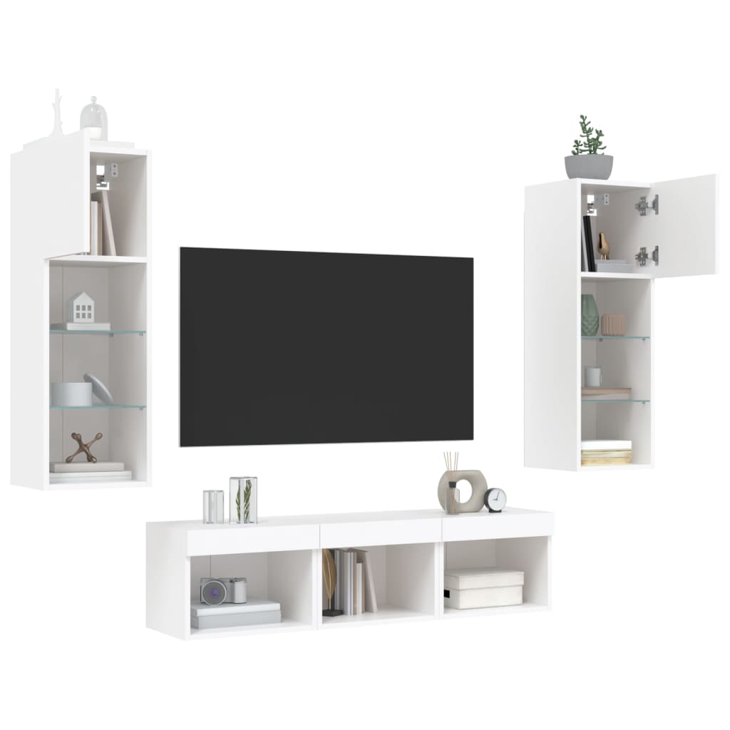 5-delige Tv-wandmeubelset met LED-verlichting bewerkt hout wit – afbeelding 4