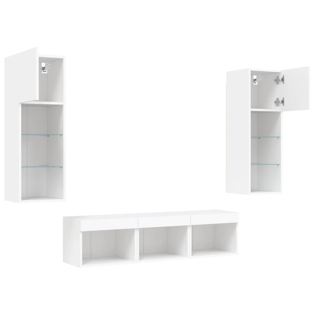5-delige Tv-wandmeubelset met LED-verlichting bewerkt hout wit – afbeelding 5