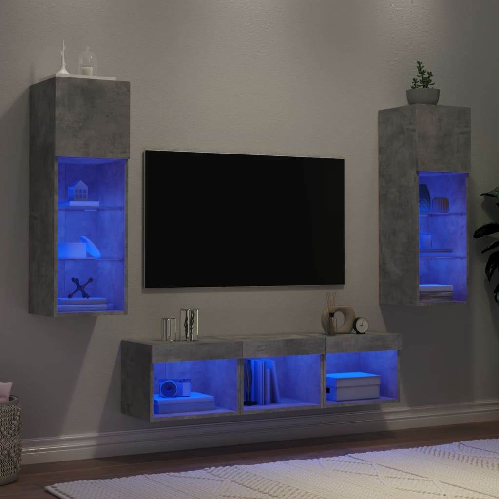 5-delige Tv-wandmeubelset met LED bewerkt hout betongrijs – afbeelding 1