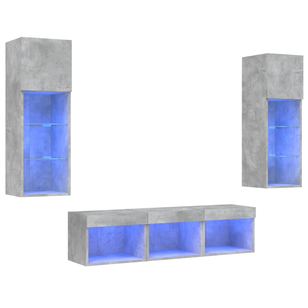 5-delige Tv-wandmeubelset met LED bewerkt hout betongrijs – afbeelding 2