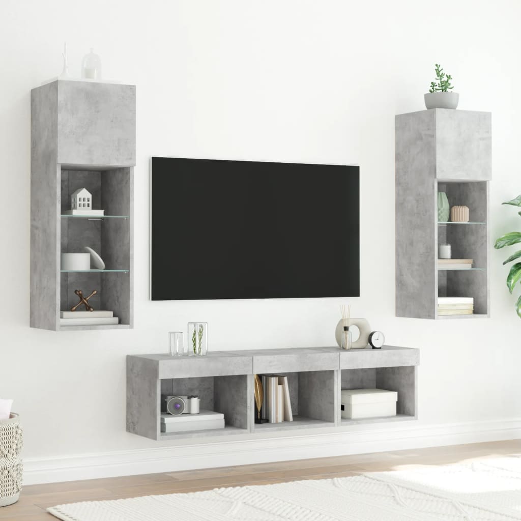 5-delige Tv-wandmeubelset met LED bewerkt hout betongrijs – afbeelding 3