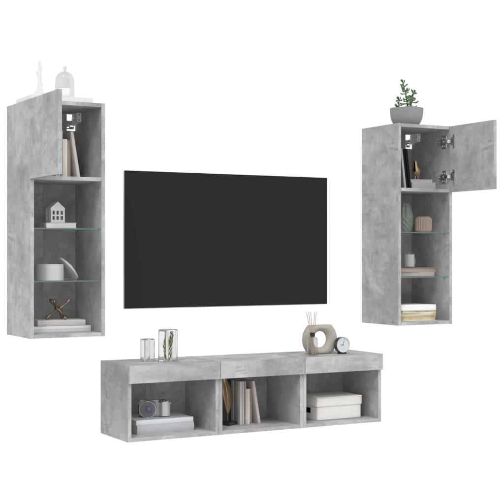 5-delige Tv-wandmeubelset met LED bewerkt hout betongrijs – afbeelding 4