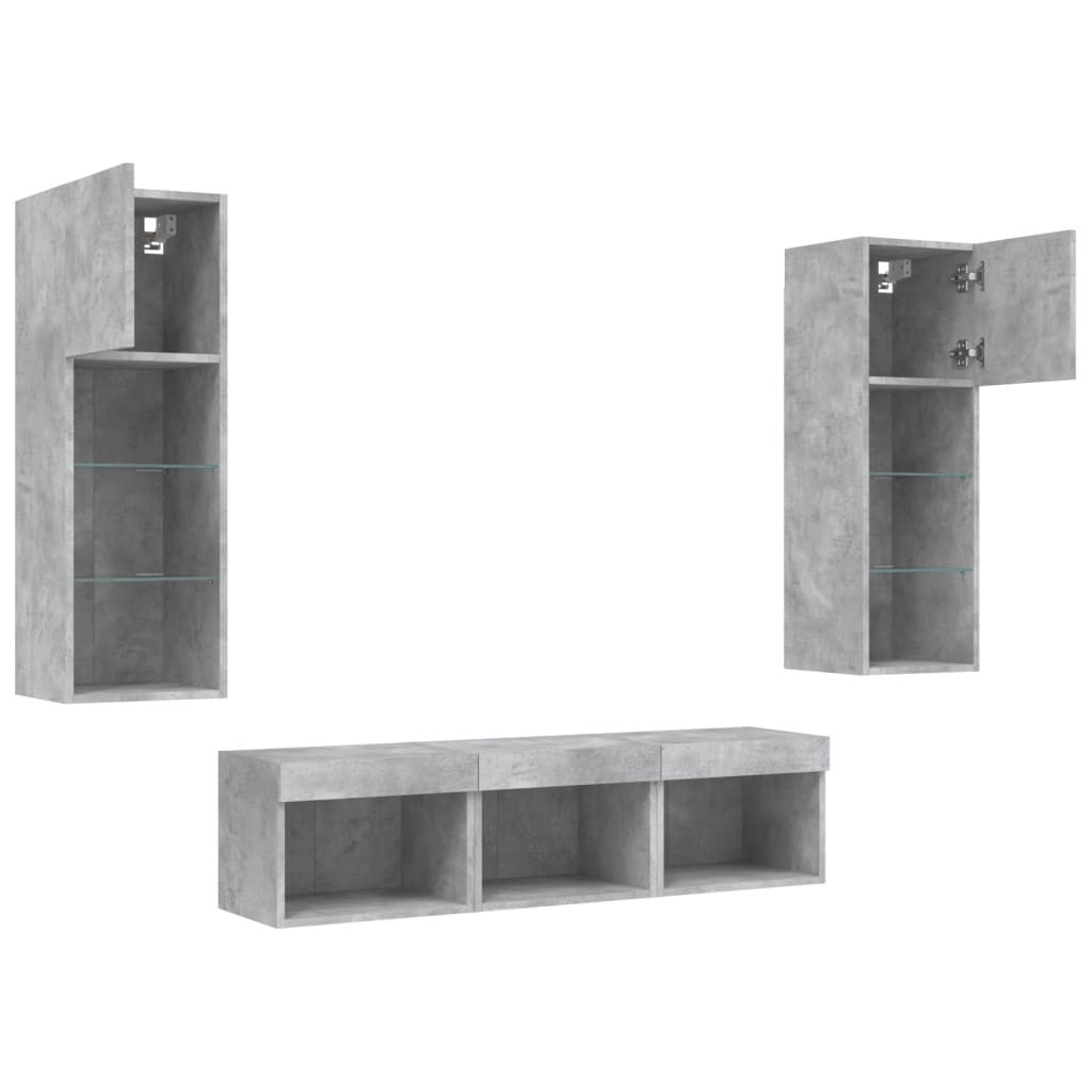 5-delige Tv-wandmeubelset met LED bewerkt hout betongrijs – afbeelding 5