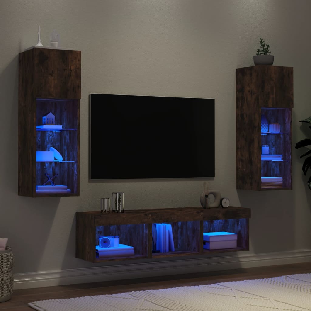 5-delige tv-wandmeubelset met LED bewerkt hout gerookt eiken – afbeelding 1