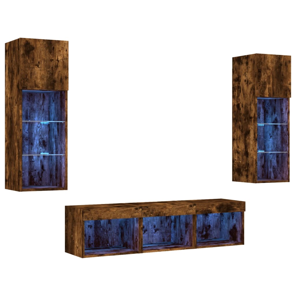 5-delige tv-wandmeubelset met LED bewerkt hout gerookt eiken – afbeelding 2