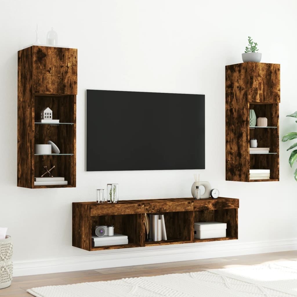 5-delige tv-wandmeubelset met LED bewerkt hout gerookt eiken – afbeelding 3