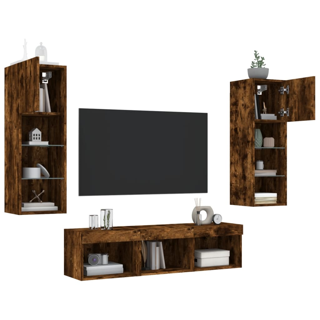 5-delige tv-wandmeubelset met LED bewerkt hout gerookt eiken – afbeelding 4