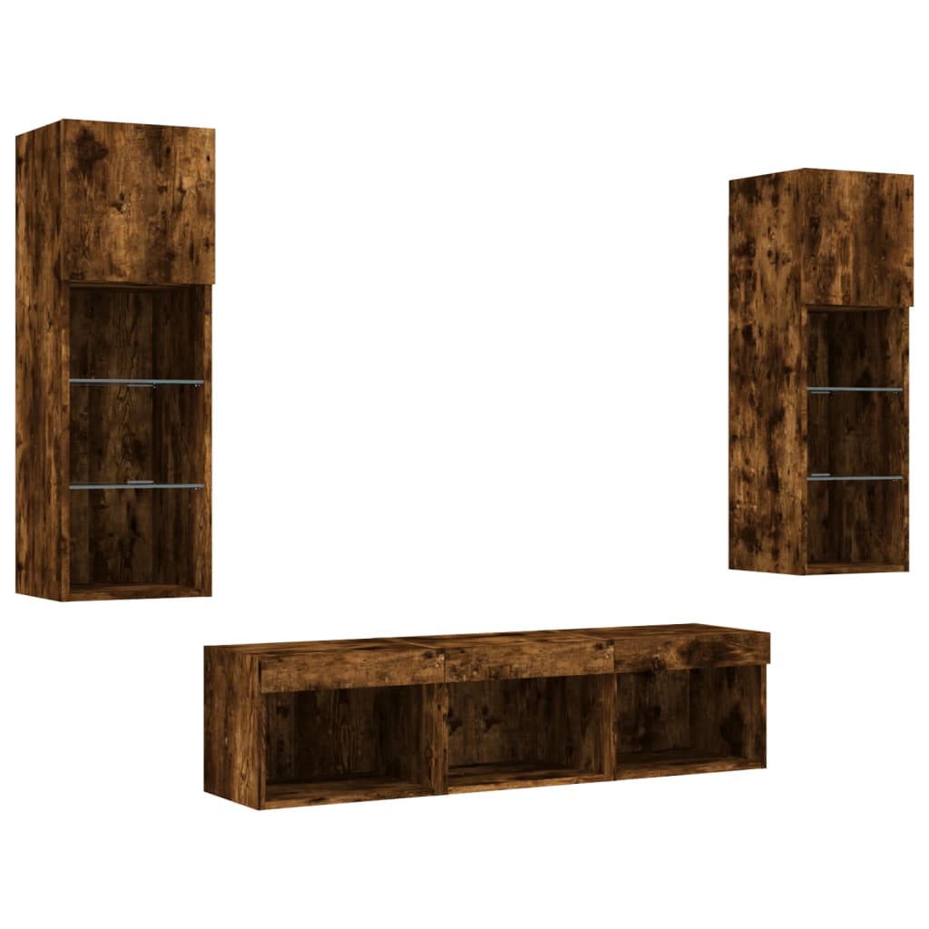 5-delige tv-wandmeubelset met LED bewerkt hout gerookt eiken – afbeelding 5