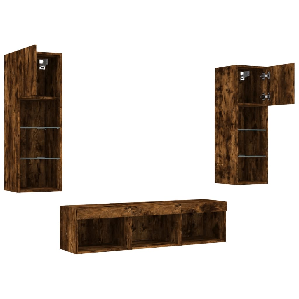 5-delige tv-wandmeubelset met LED bewerkt hout gerookt eiken – afbeelding 6