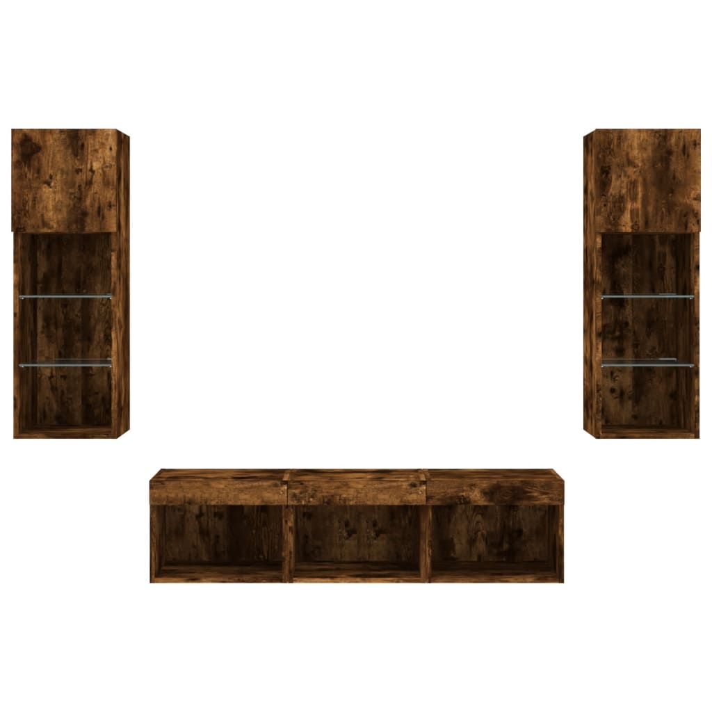 5-delige tv-wandmeubelset met LED bewerkt hout gerookt eiken – afbeelding 7
